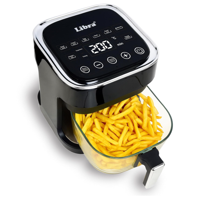 Libra 4.5 Litre Airfryer | Digital Air Fryer With Glass Bowl | Teflon-Free, 8 Presets, 1450W Power | Air Fry, Toast, Grill, Reheat, Dehydrate, & Roast | Visible Window | Smart Air Fryer Oven, Black